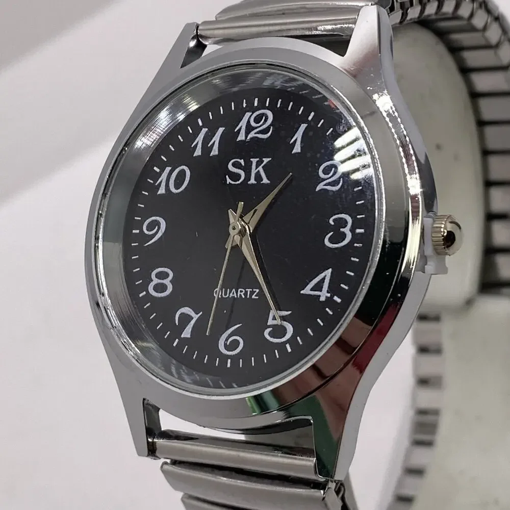 SK Mens Silver Tone Stretch Watch Quartz Works New Battery